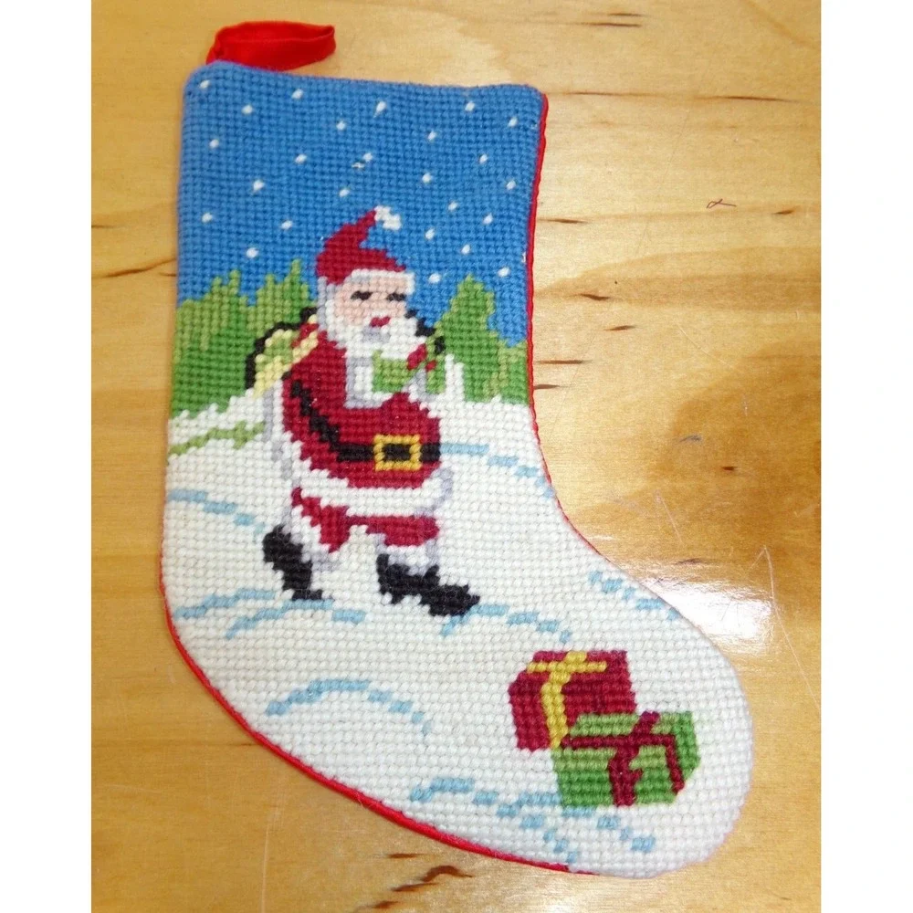 Vintage‎ Needlepoint Christmas Stocking Lot of 3 Santa Velvet Backing
